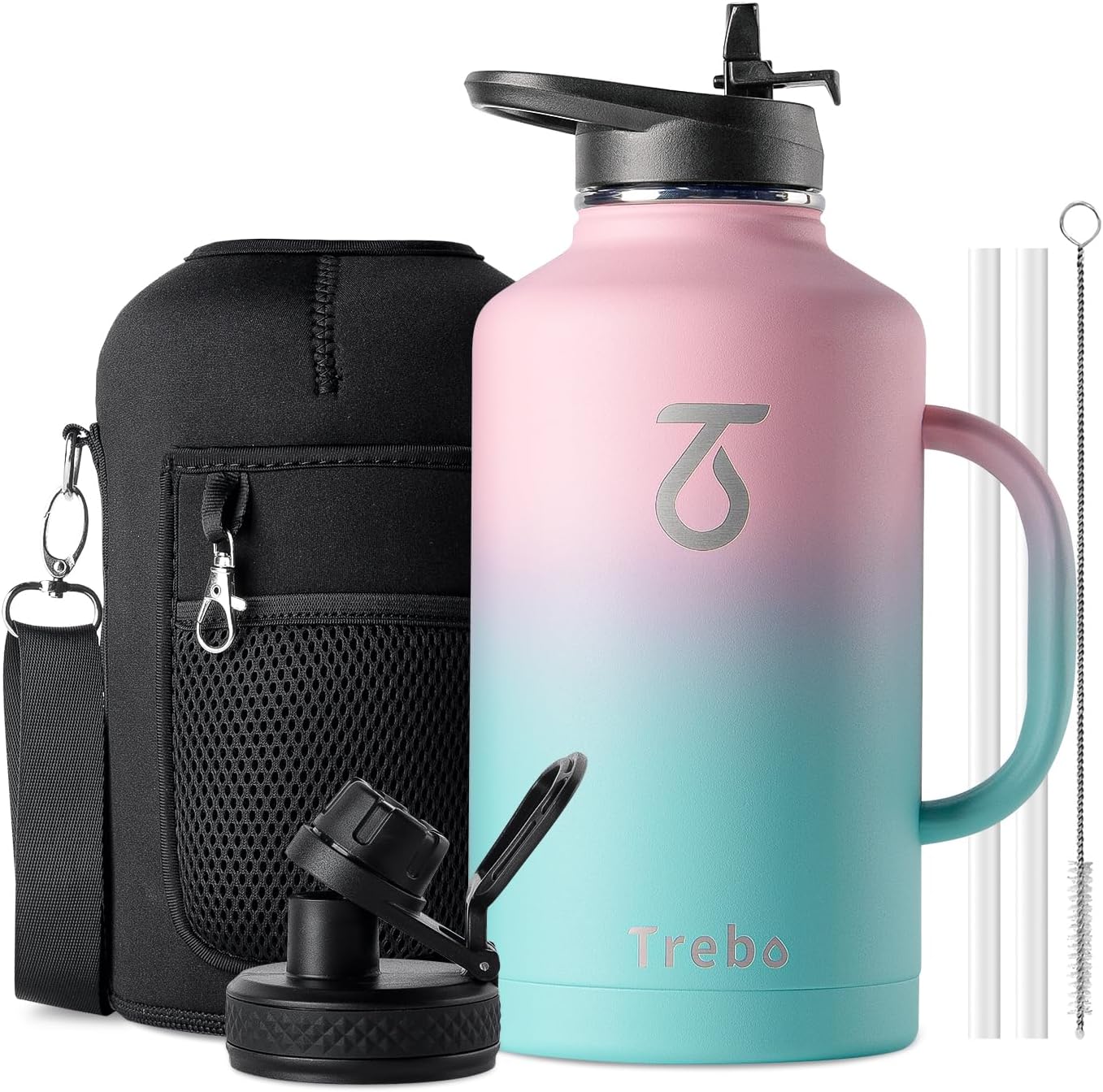 Trebo 64oz Insulated Water Bottle with Straw & 2 Lids, Pink