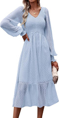 Women's Long Sleeve Swiss Dot Midi Dress - Flattering Fall Style Shoes