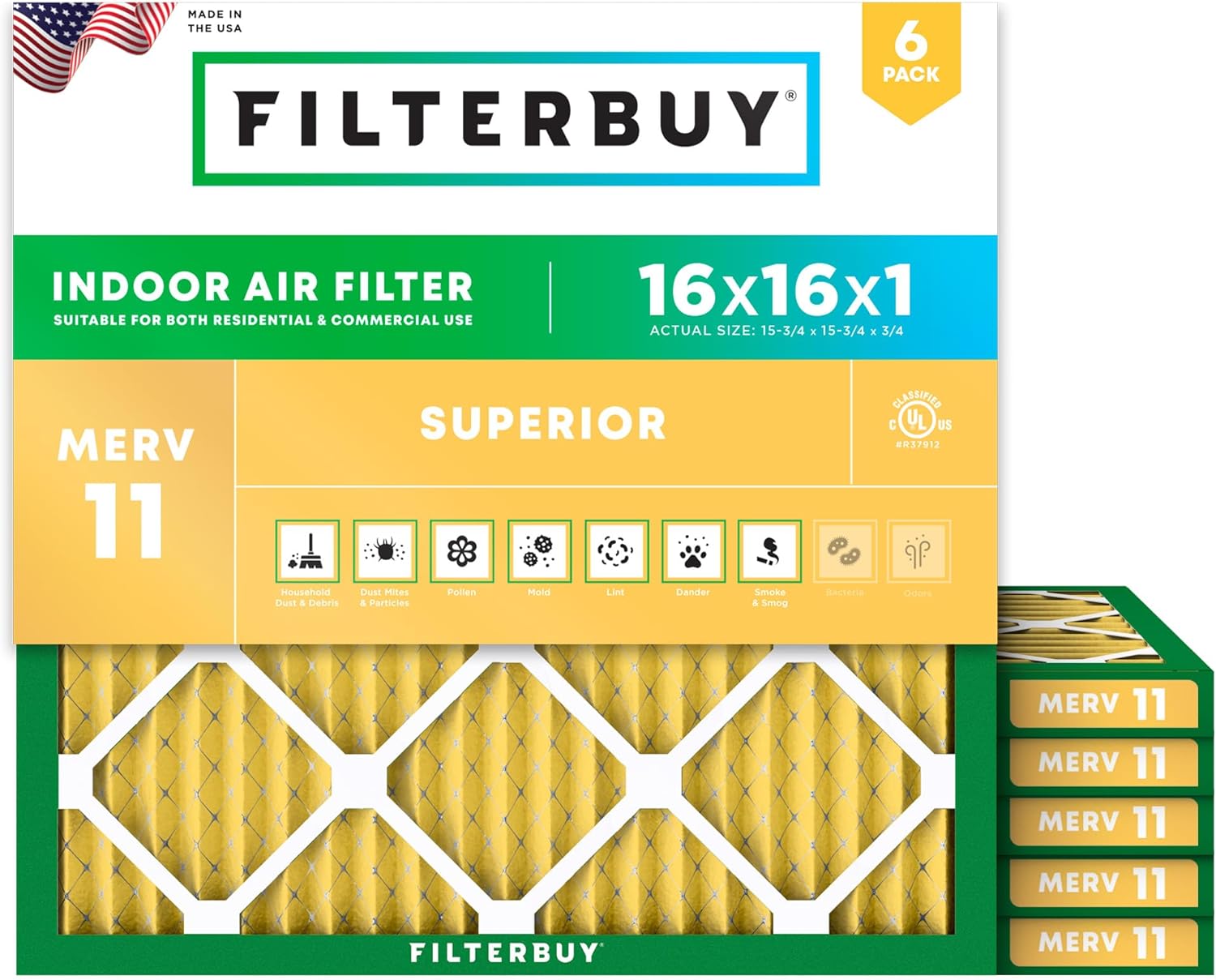 Filterbuy 16x16x1 Air Filter MERV 11 for Pet and Allergy Defense