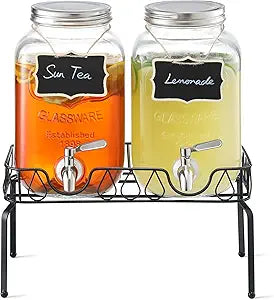1-Gallon Glass Drink Dispenser Set with Stand for Parties