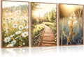Vintage Daisy Field Path Framed Canvas Wall Art Set - Nature Wall