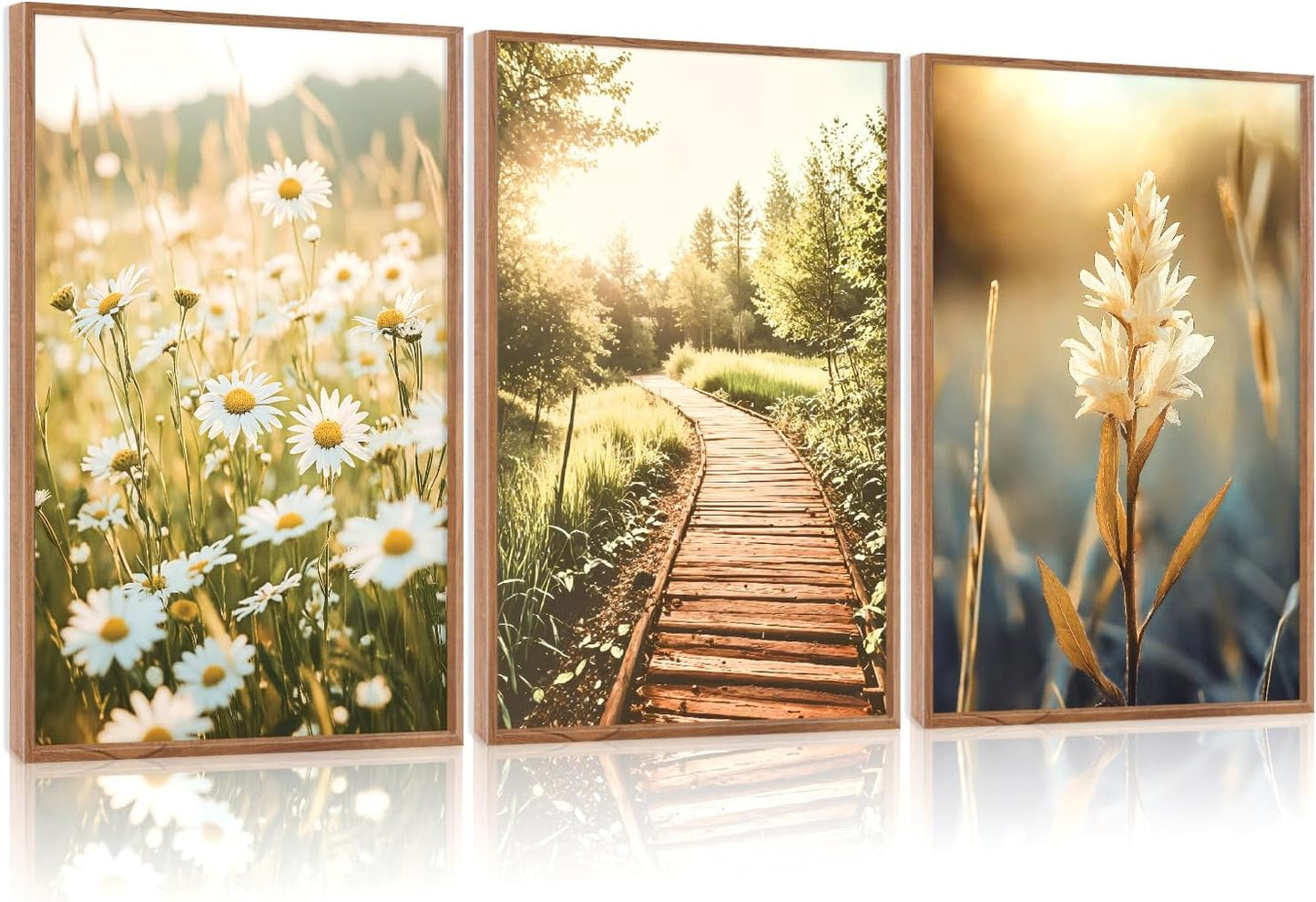 Vintage Daisy Field Path Framed Canvas Wall Art Set for Home