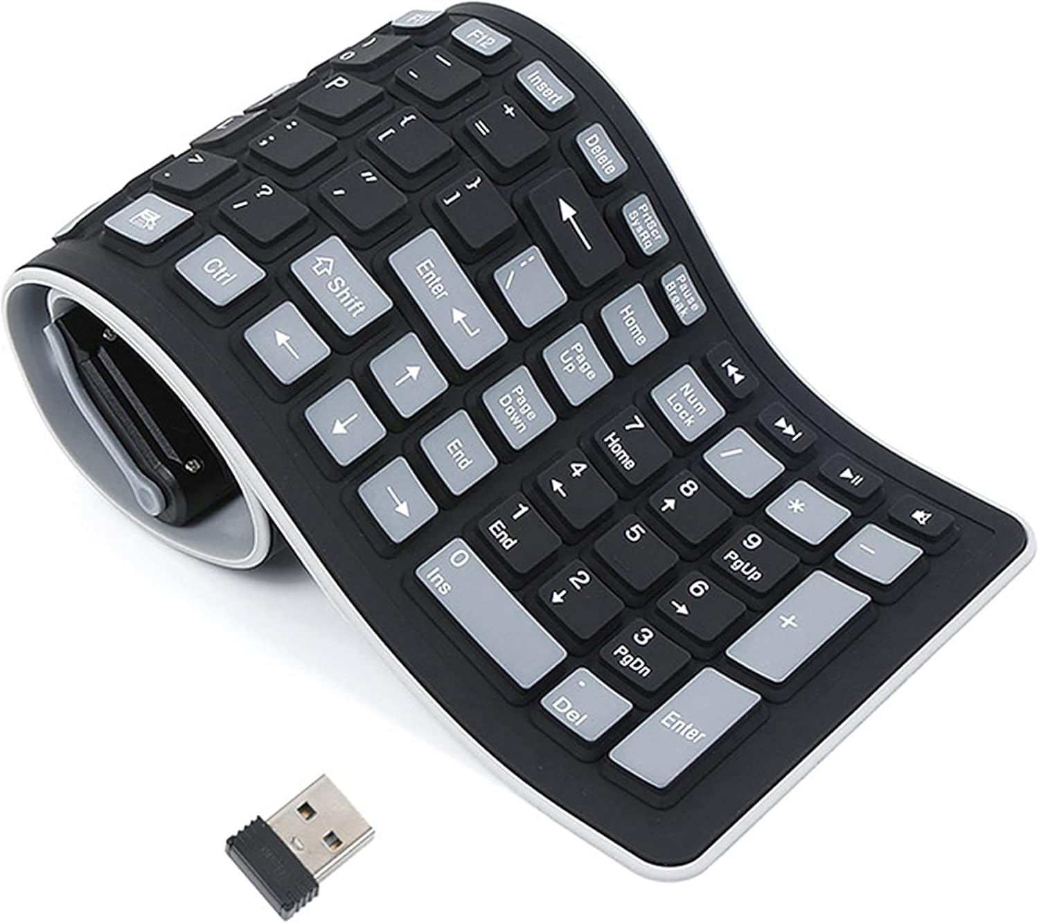 Seaciyan Wireless Silicone Keyboard - Portable & Roll Up for PC, Laptop - Black/Gray