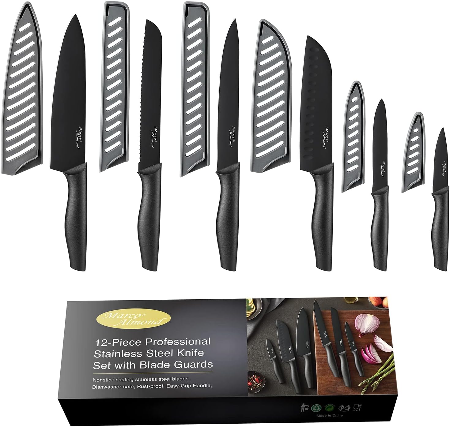 Kitchen Knife Set with Covers - 12-Piece Stainless Steel Knives
