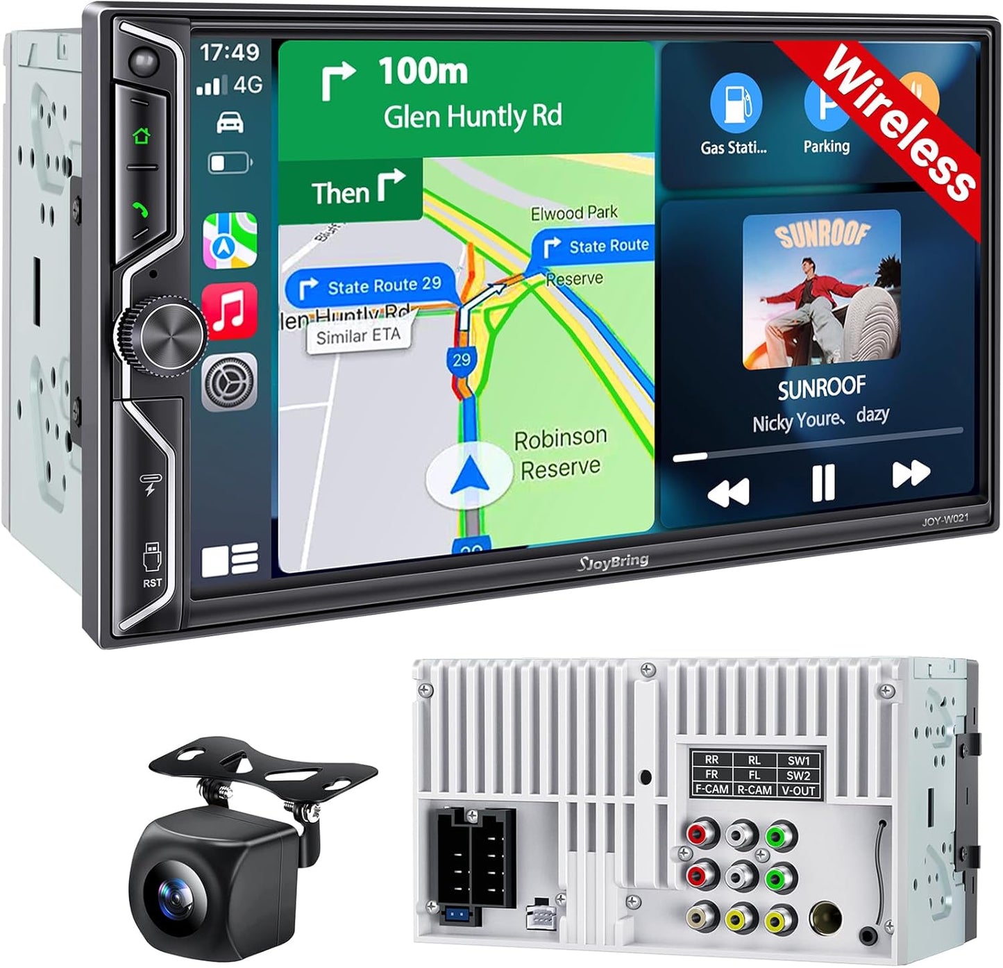 SJOYBRING QLED Double Din Car Stereo with Wireless CarPlay