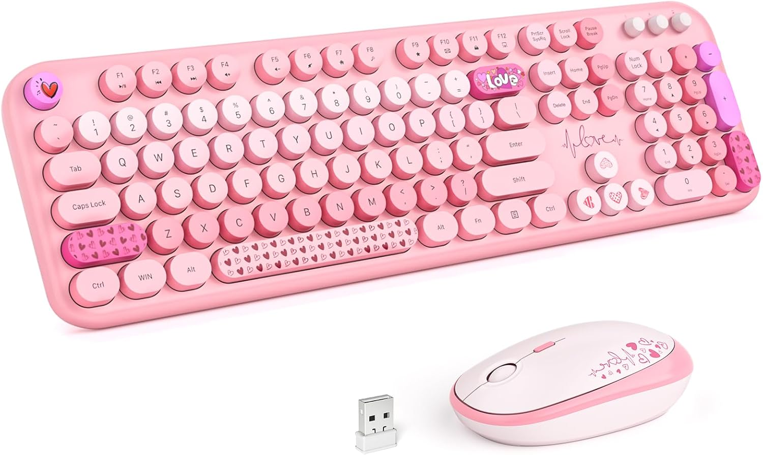Wireless Typewriter Keyboard Combo - Retro Style, Plug and Play - Pink Heart