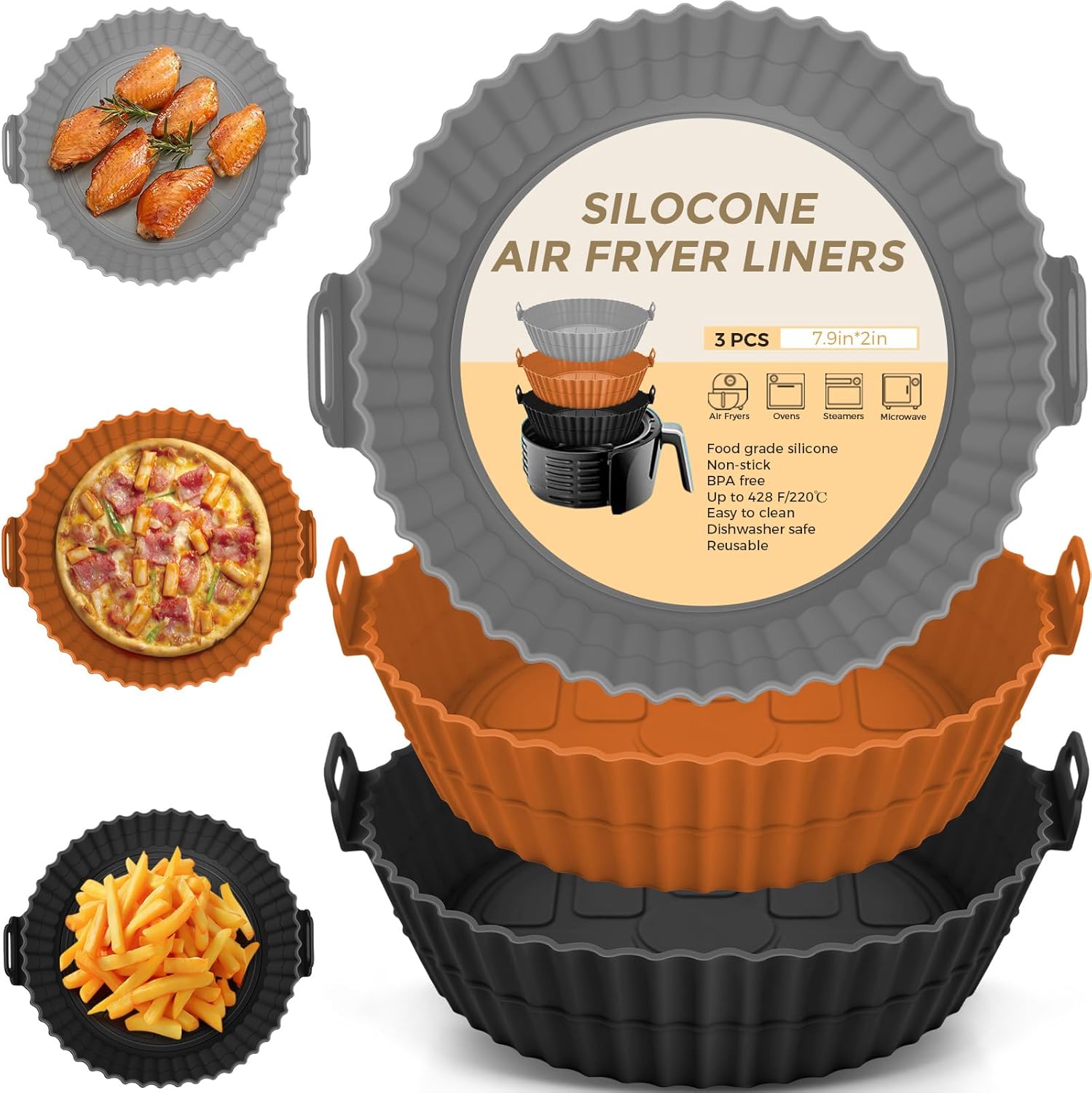 3 Pack Reusable Silicone Air Fryer Liners