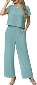 Womens 2 Piece Summer Cap Sleeve Crop Top and Wide Leg Pants Set