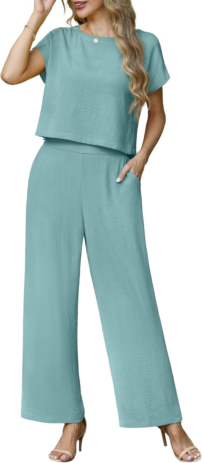 Lepunuo 2 Piece Sets for Women Summer Crop Top Wide Leg Pants