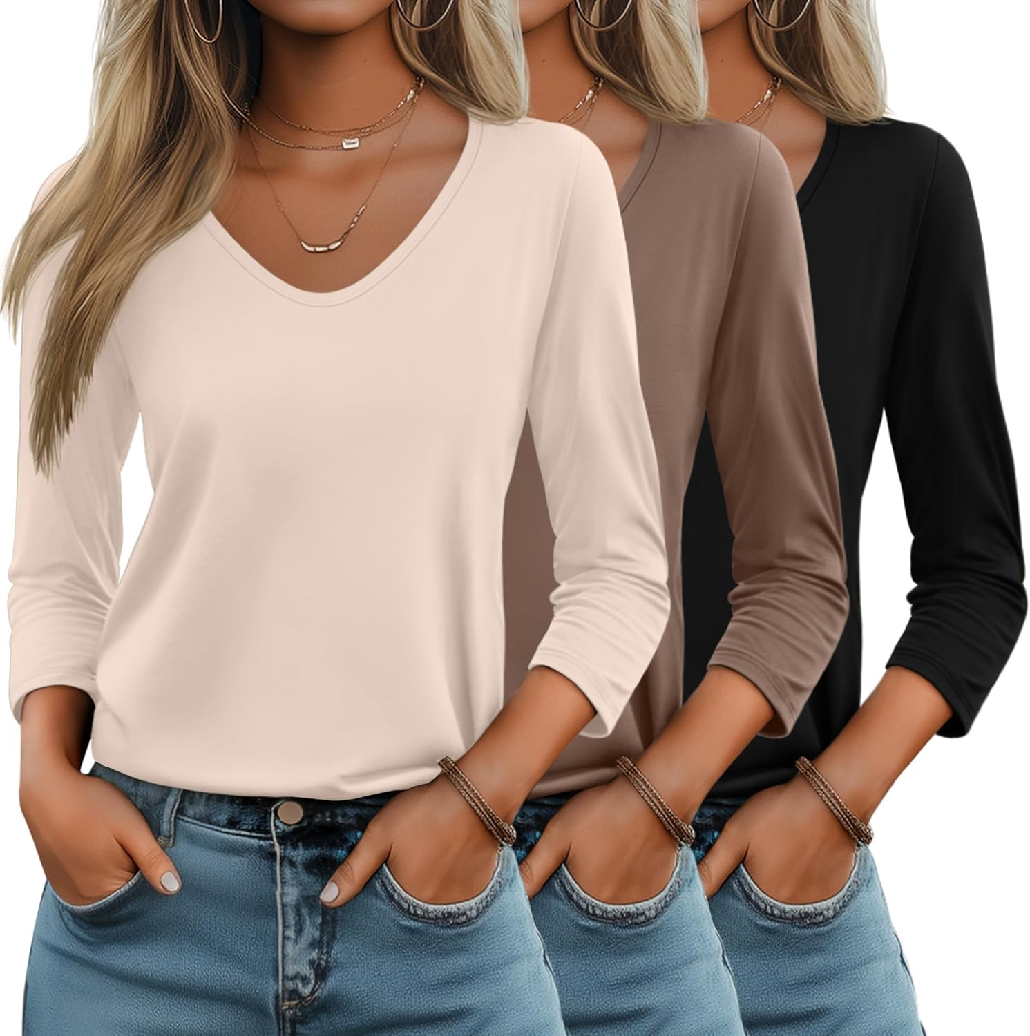 Huukeay Women's 3/4 Sleeve V Neck Casual Tops for All Occasions
