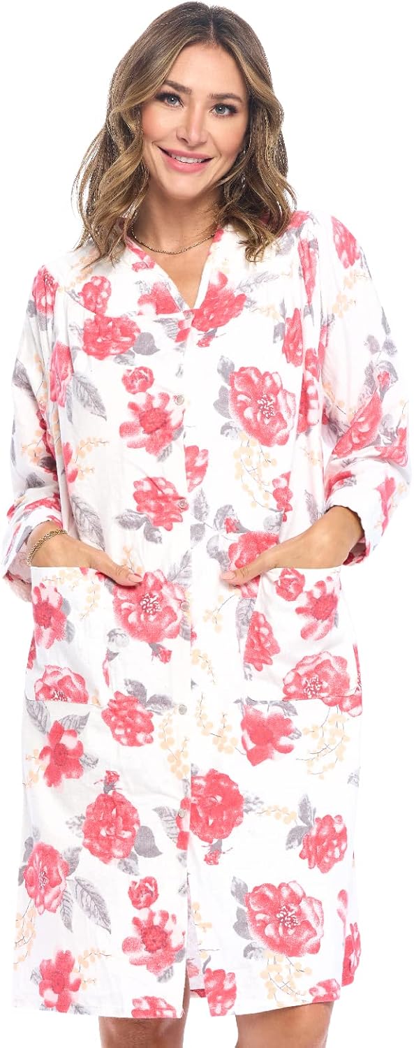 Casual Nights Women's Floral Snap Front Flannel Duster Dress
