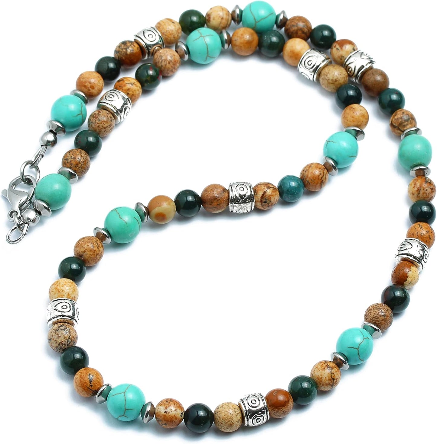 Handmade Mens Natural Stone Necklace with Picture Jasper Beads