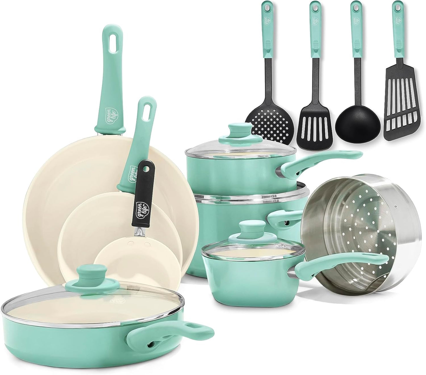 GreenLife Soft Grip 16 Piece Cookware Set for Healthy Cooking