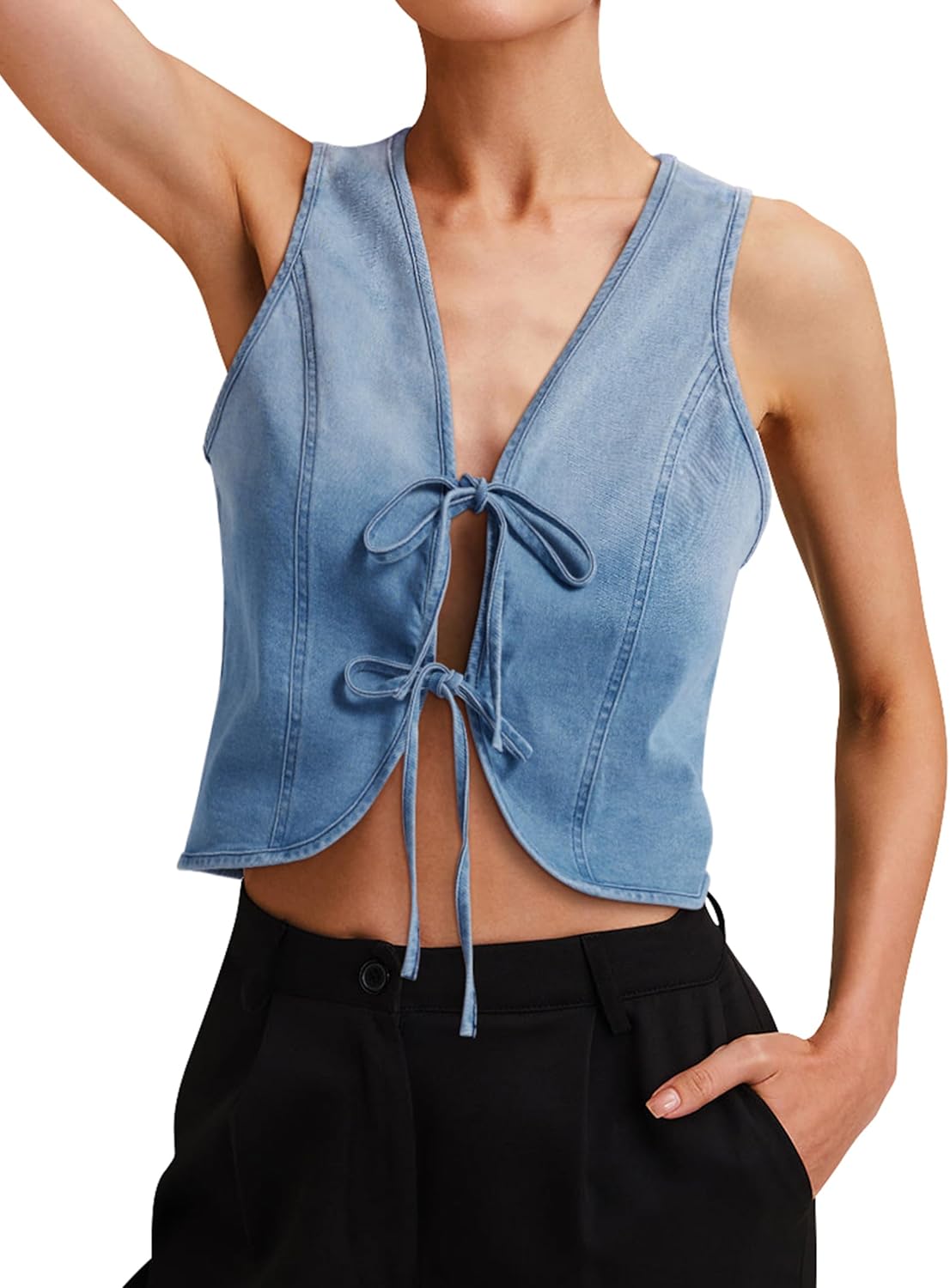 Womens Denim Vest Crop Sleeveless V Neck Retro Tie Up Top