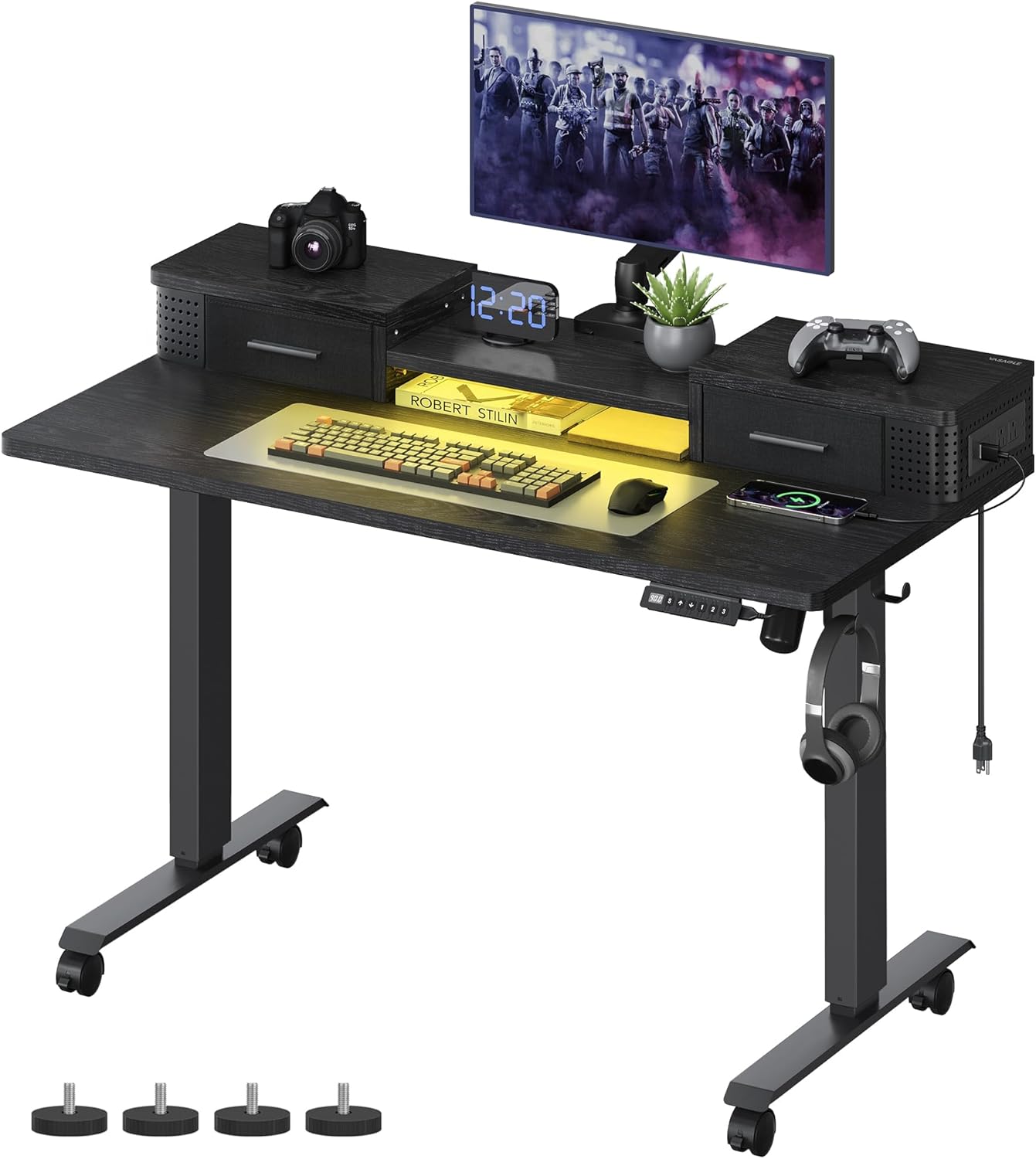 VASAGLE Electric Standing Desk with Drawers and LED Lights