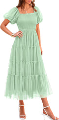 Women's Smocked Midi Tulle Dress - Puffy Sleeve Tiered Summer Midi