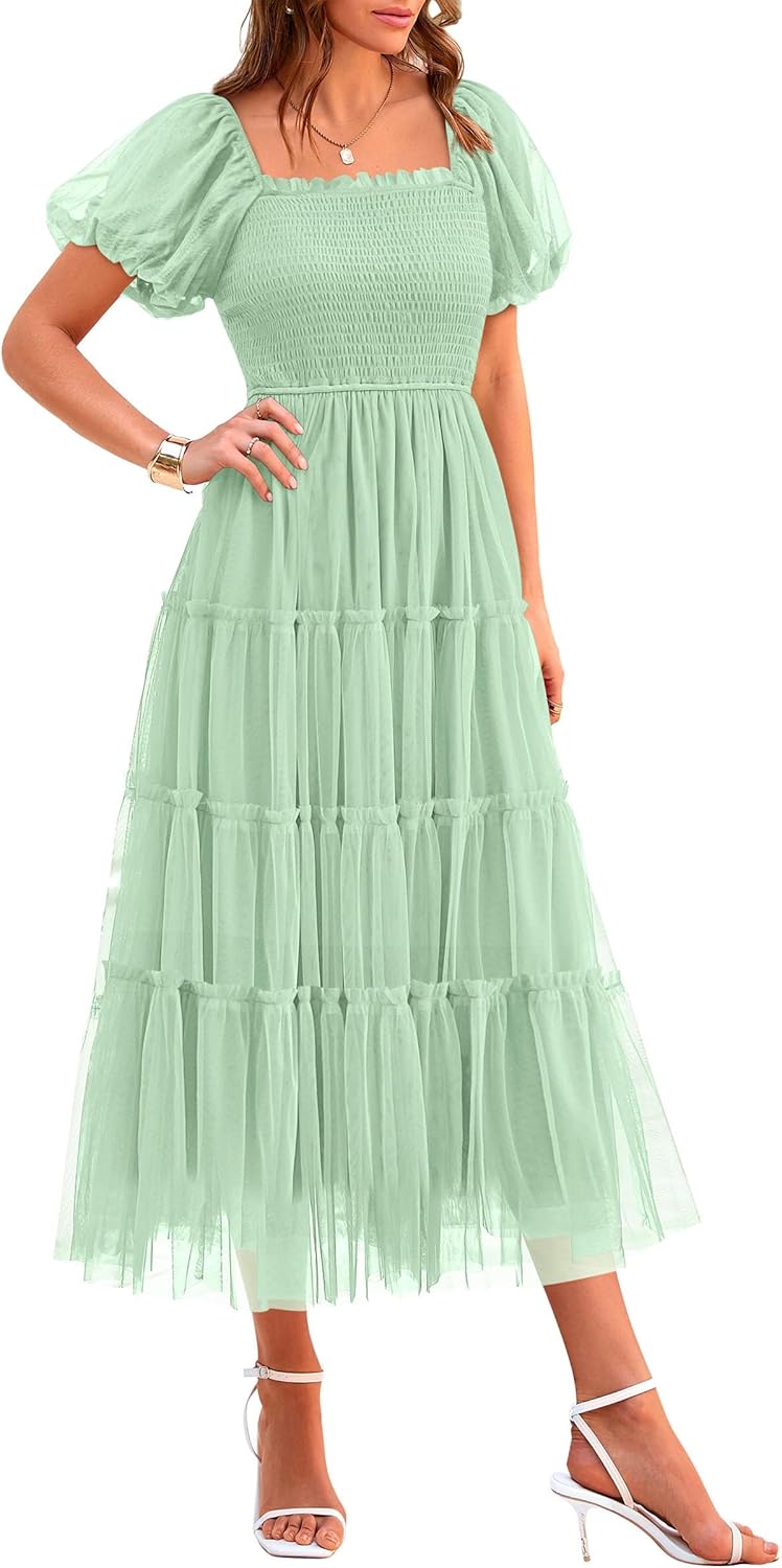 PRETTYGARDEN Women's Smocked Midi Tulle Dress for Summer Events