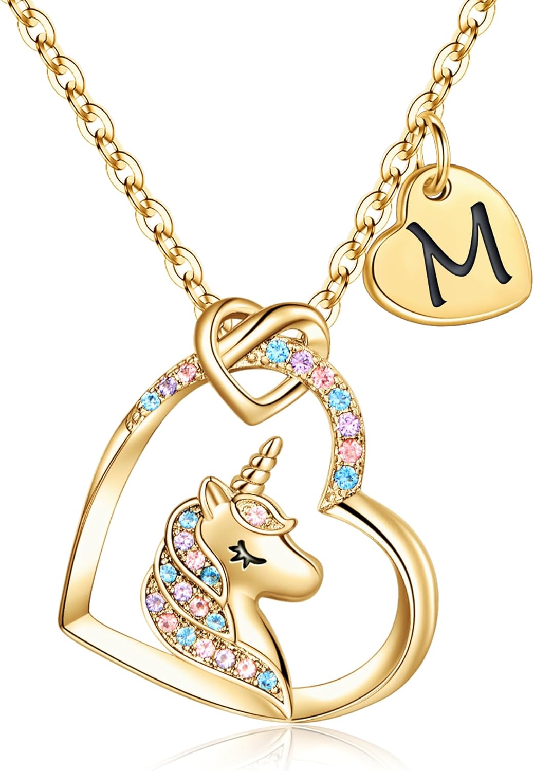 Colorful CZ Heart Initial Unicorn Necklace