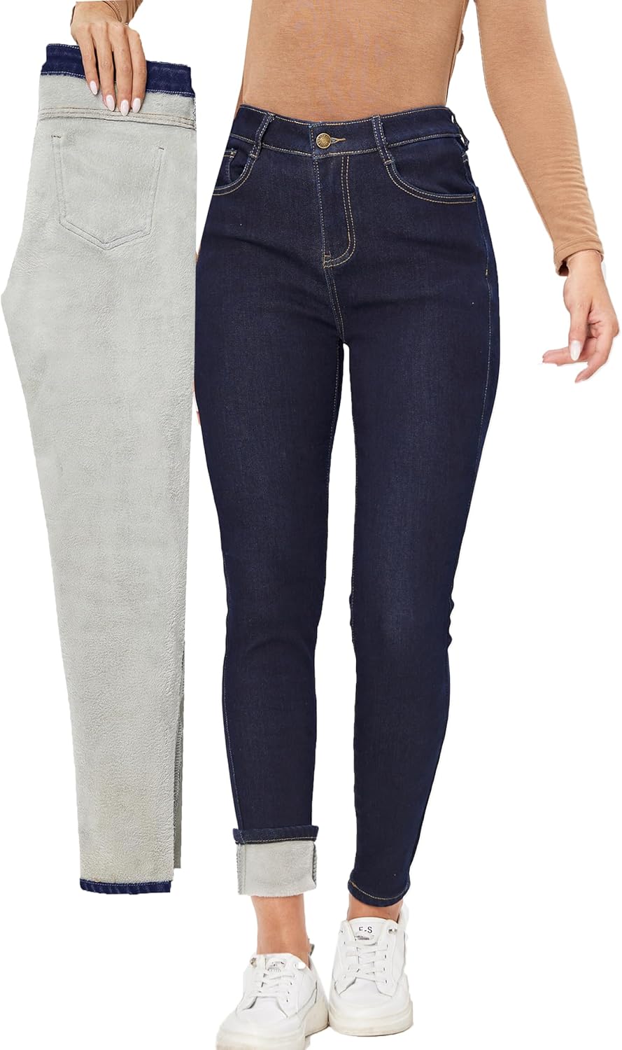 Fleece Lined Winter Jeans for Women - Thermal Thick Denim Pants