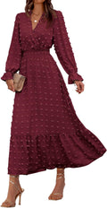 Women Fall Maxi Dress V Neck Swiss Dots - Flowy Ruffle Maxi Elegant