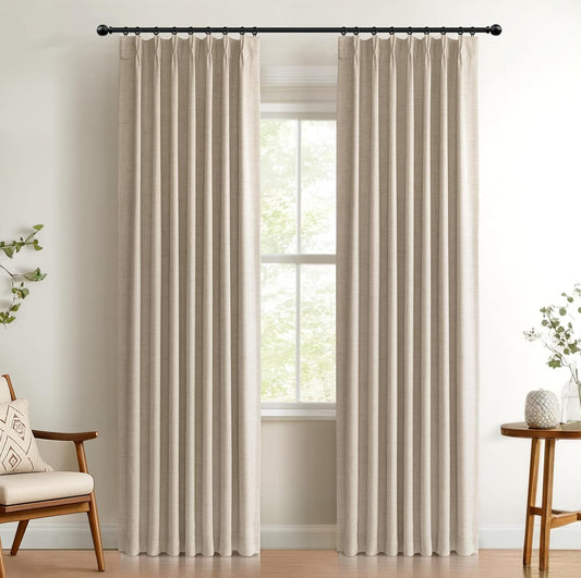 100% Blackout Shield Linen Look Textured Pinch Pleated Curtains