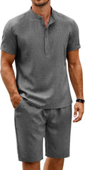 Men's Linen Henley Short Set - Comfortable Summer Beach Outfit