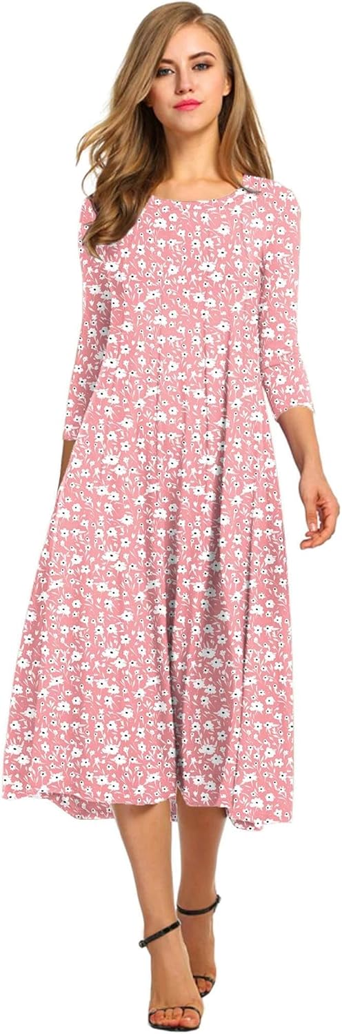 HOTOUCH Women's 3/4 Sleeve A-line Midi Long Dress for Elegance