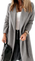 Womens Classic Coat Lapel Collar Open Front Belted Long (Style 5KYV)