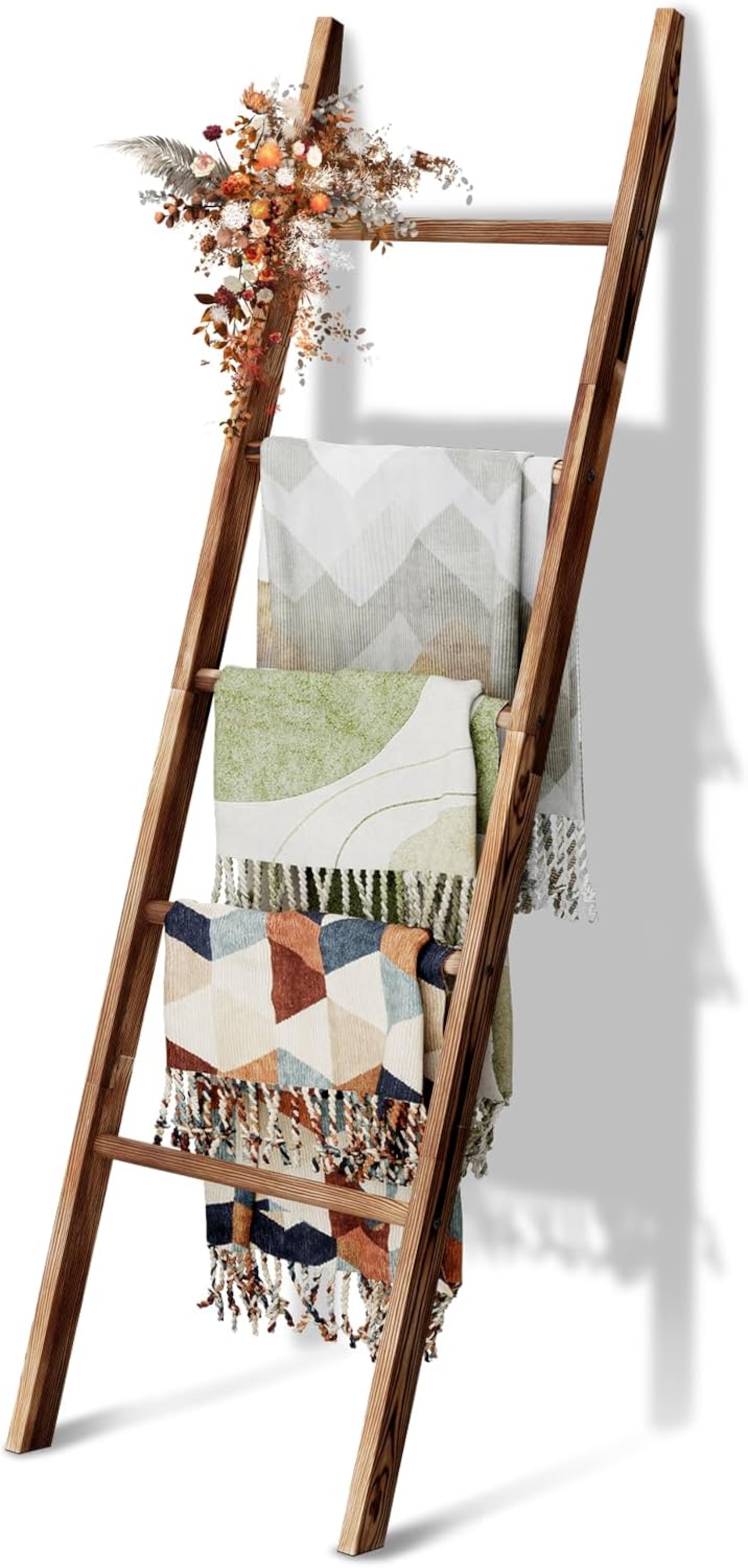 5-Tier Blanket Ladder Wooden 63in Rustic Farmhouse Decor Rack