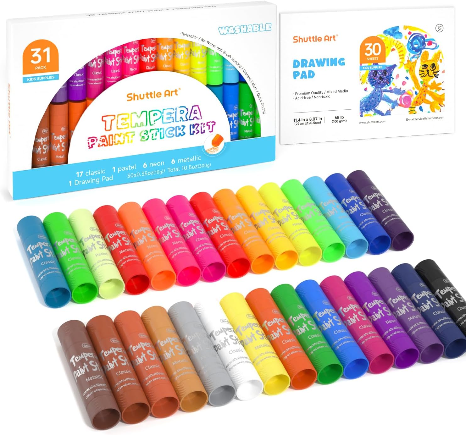 Shuttle Art 30-Color Tempera Paint Sticks Set: Fast-Drying & Non-Toxic for Endless Art Fun