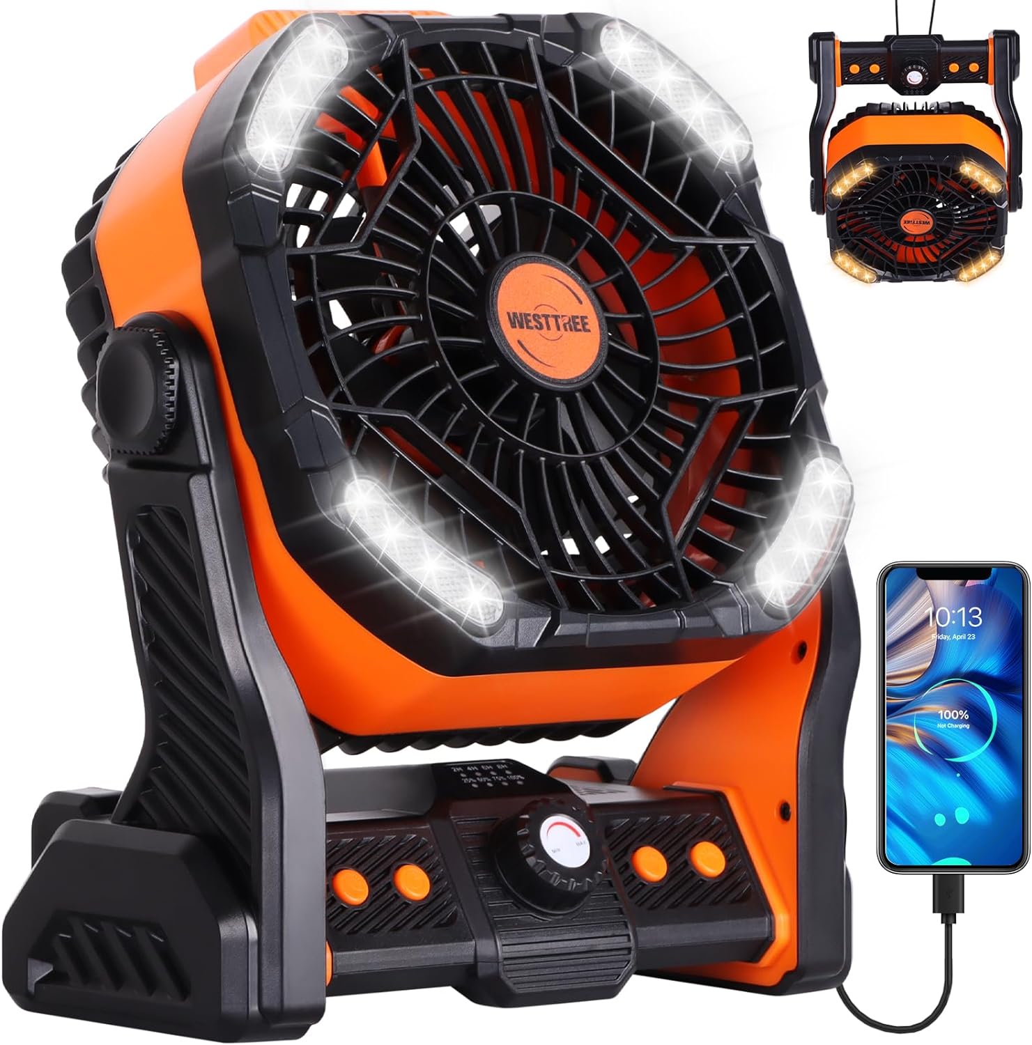Portable 20000mAh Camping Fan with Light & Hook - WESTTREE
