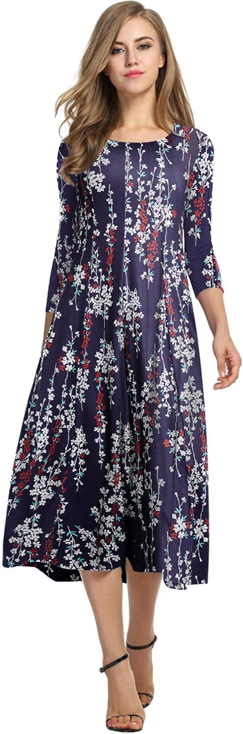 HOTOUCH Women's 3/4 Sleeve A-line Midi Long Dress for Elegance
