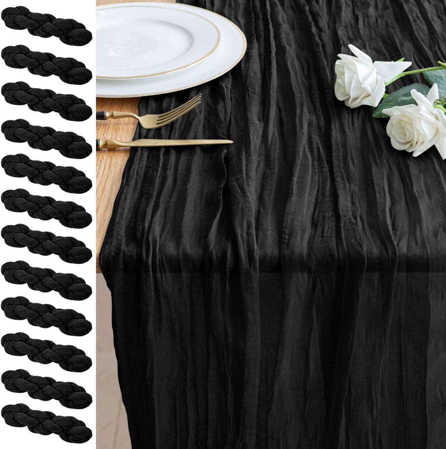 12PCS Black Boho Cheesecloth Table Runner for Elegant Events