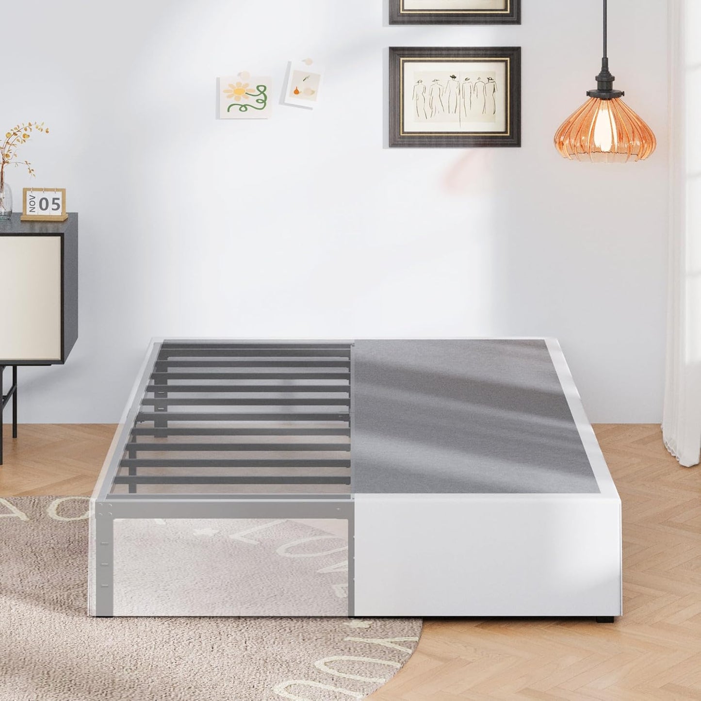 16 Inch Queen Bed Frame with White Skirt Cover for Storage