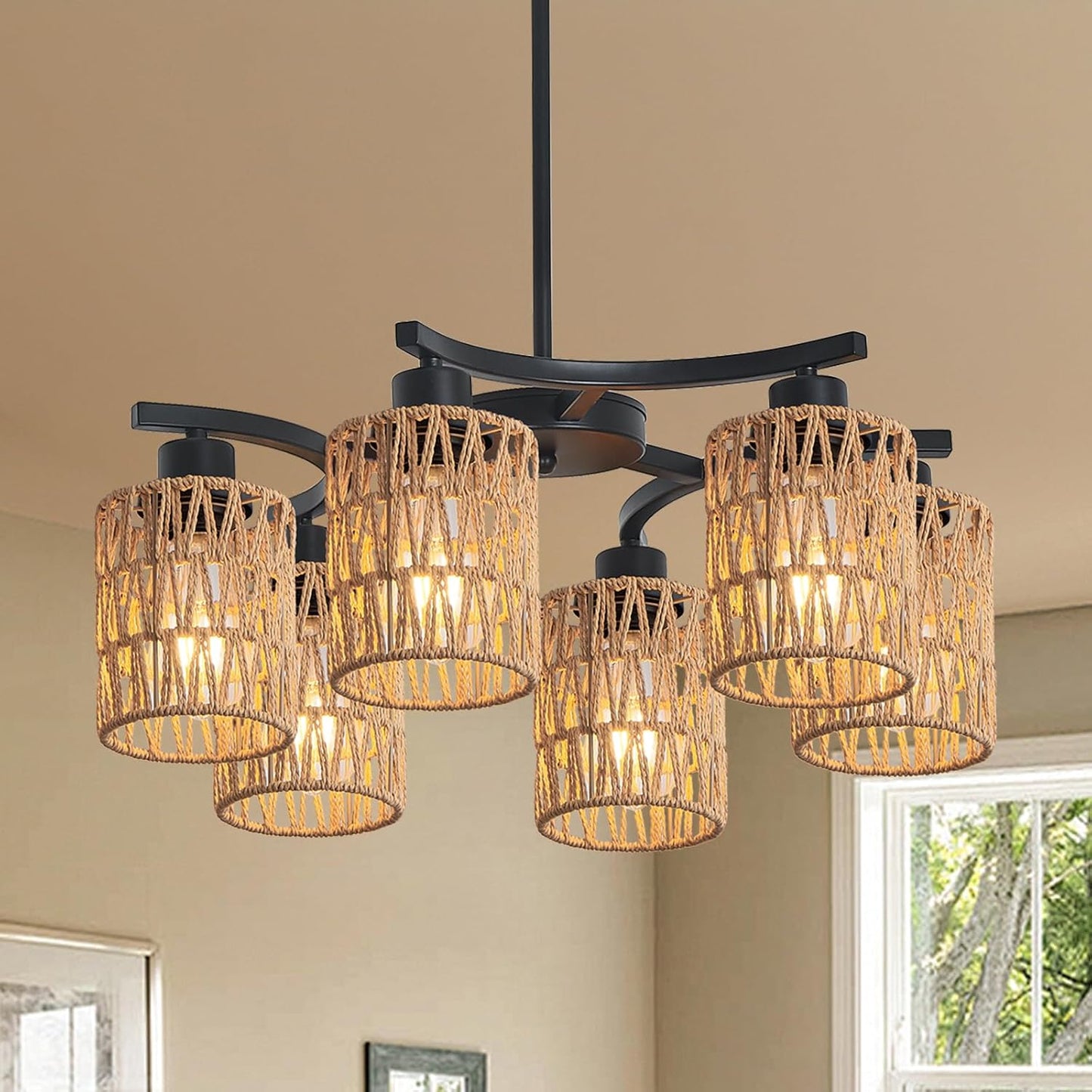 Boho Rattan Chandelier Light Fixture for Dining Room and Kitchen