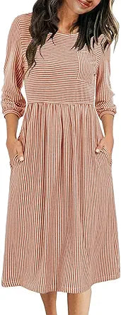 MEROKEETY Women's Striped High Waist Midi Dress with Pockets
