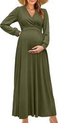 OUGES Fall Maternity Maxi Dress Wrap V Neck - Comfortable