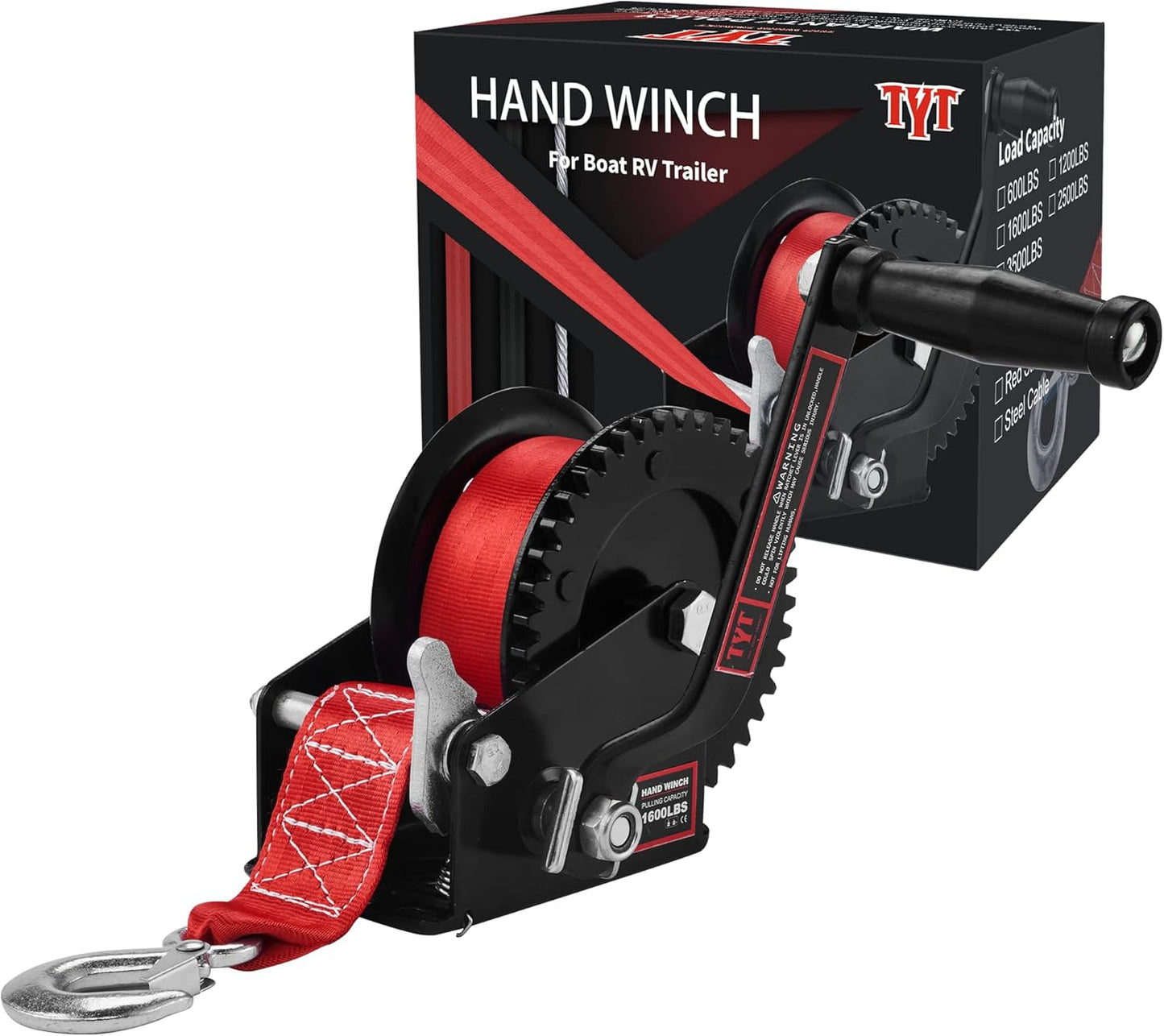 TYT 1600lb Boat Trailer Winch with 8M Red Strap for Towing