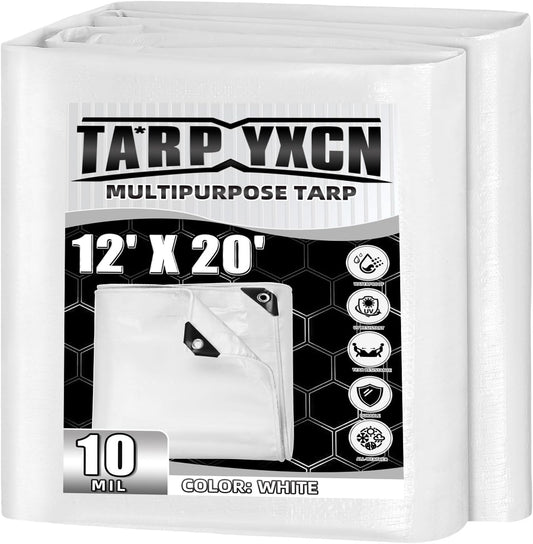 10 Mil Waterproof White Tarp 12x20 Feet for All Weather Use