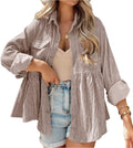 Womens Corduroy Peplum Shirt Tops Cute Long Sleeve Button Down Blouses