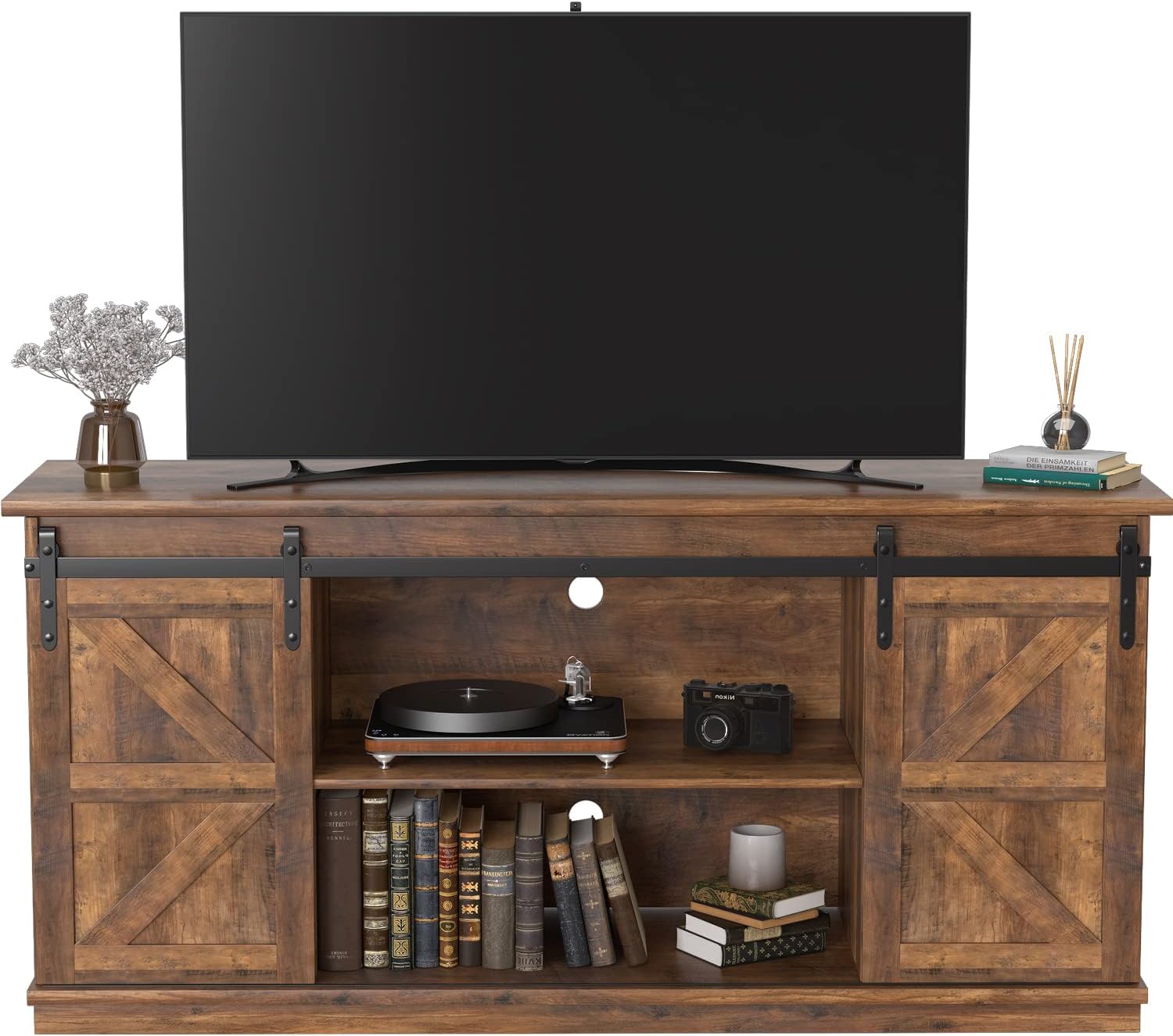 JUMMICO TV Stand for 65 Inch TV with Rustic Oak Finish