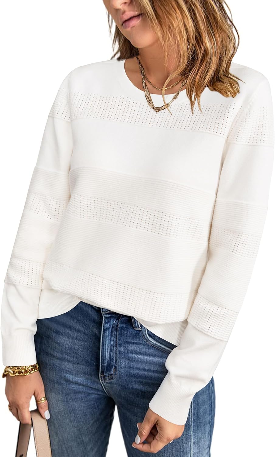 Arach&Cloz Womens Fall Sweaters 2024 Crochet Crew Neck Style