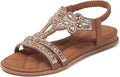Women Rhinestone Sandals T-Strap Pearl Crystal Flats - Stylish