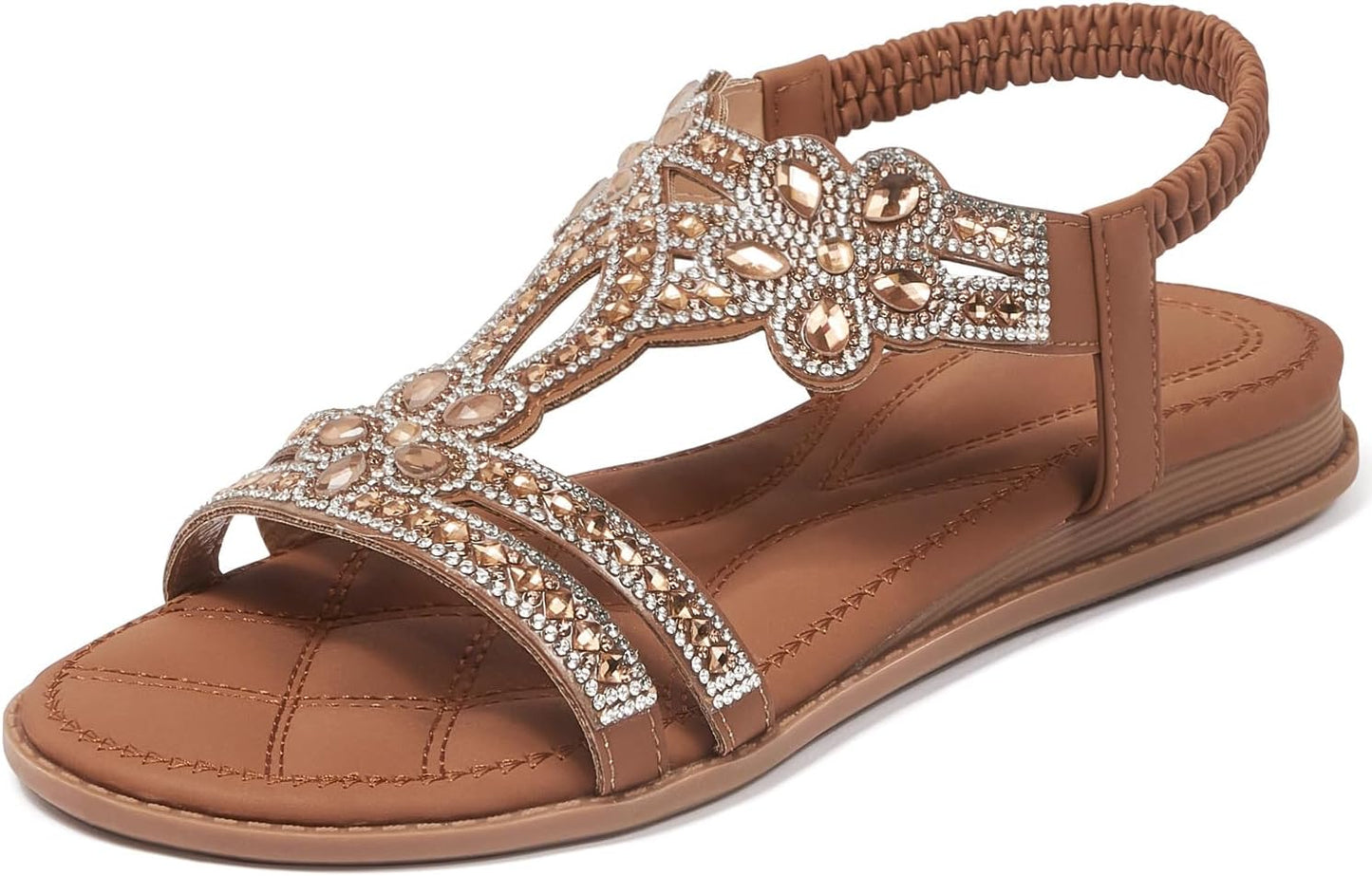 iCKER Women Rhinestone Sandals T-Strap Bohemian Pearl Style