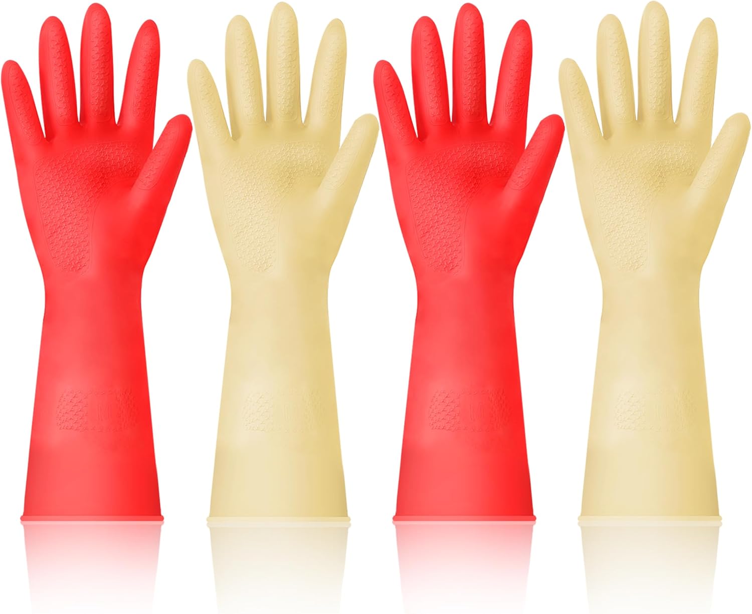 Non-slip Reusable Cleaning Gloves - 4 Pairs, Flexible & Durable, Kitchen/Bathroom/Laundry Cleaning, Red+Yellow