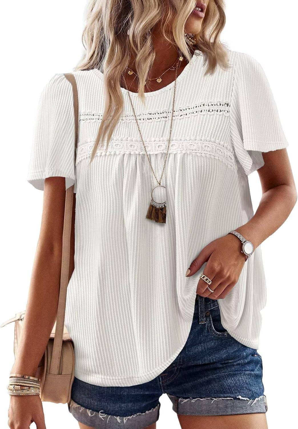 Womens Summer Tops Crewneck Short Sleeve Striped Shirts Casual