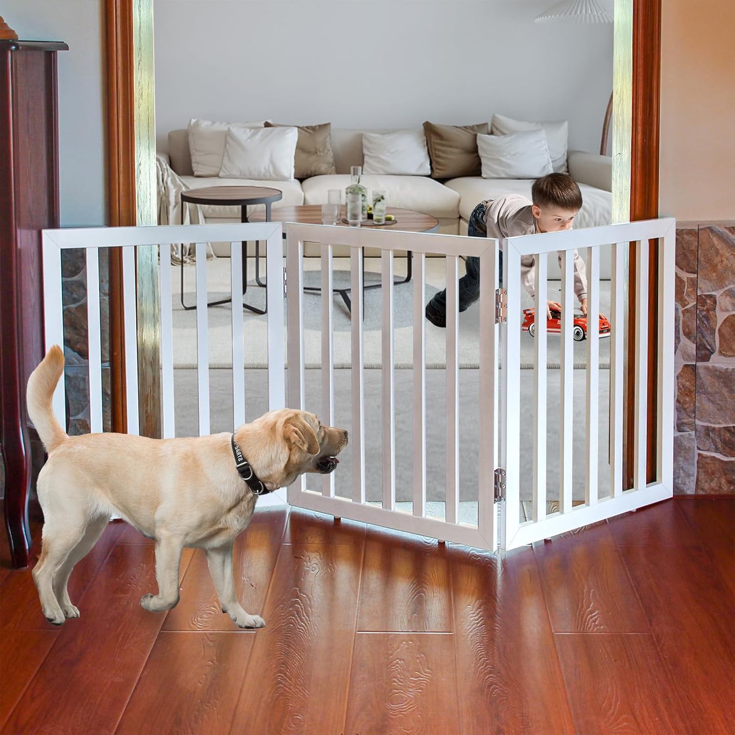 Freestanding Indoor Dog Gate for House - Foldable Wood Pet Gate