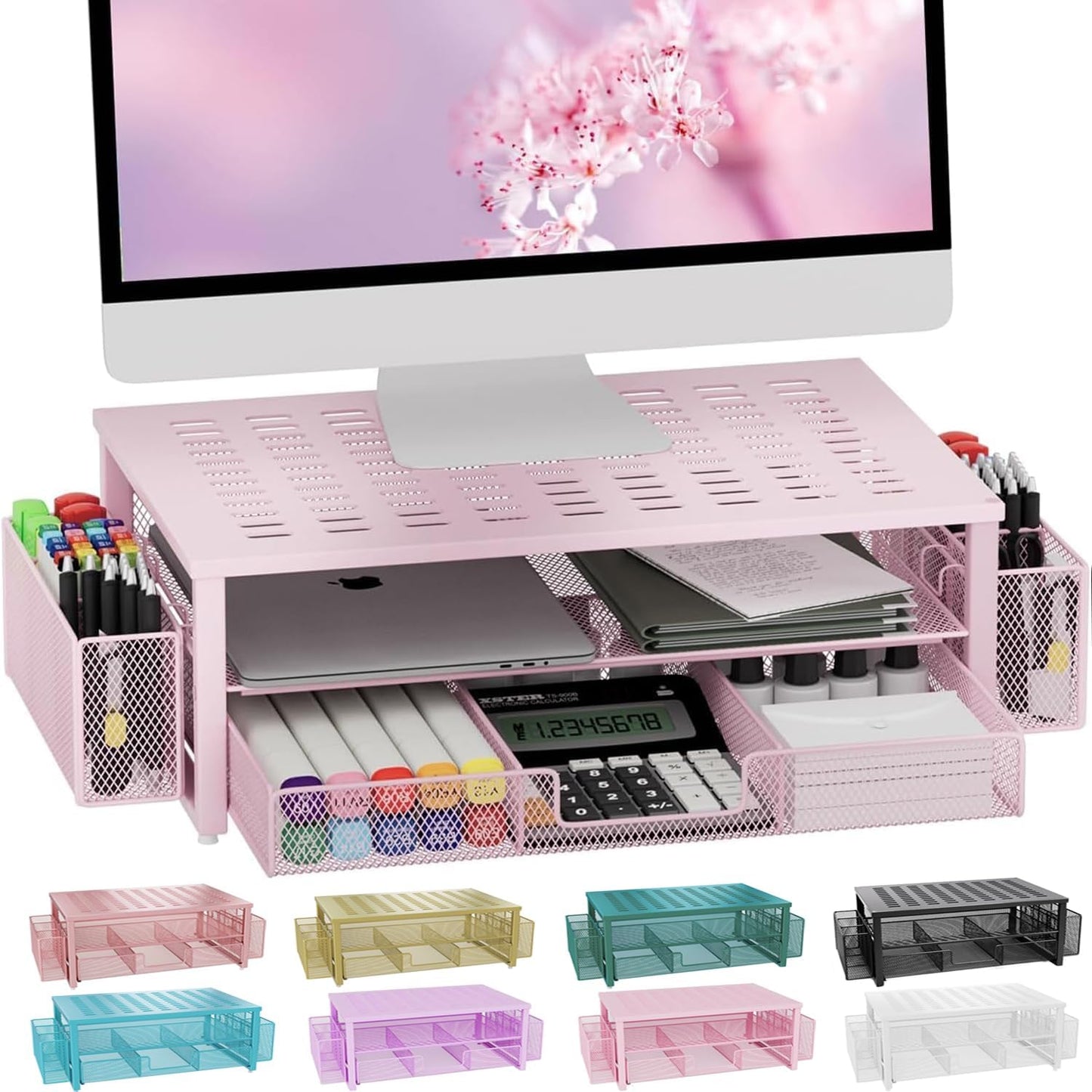 Pink 2-Tier Monitor Stand with Drawer - Stylish Desk Organizer