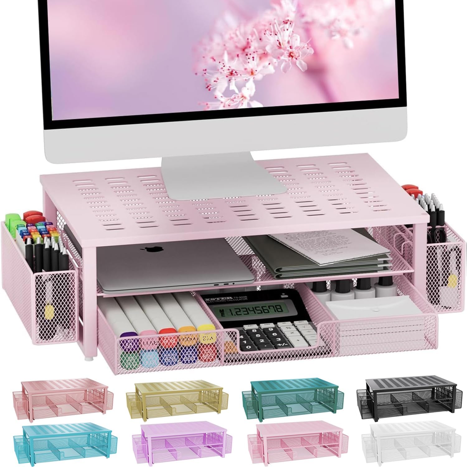 Pink 2-Tier Monitor Stand with Drawer - Stylish Desk Organizer