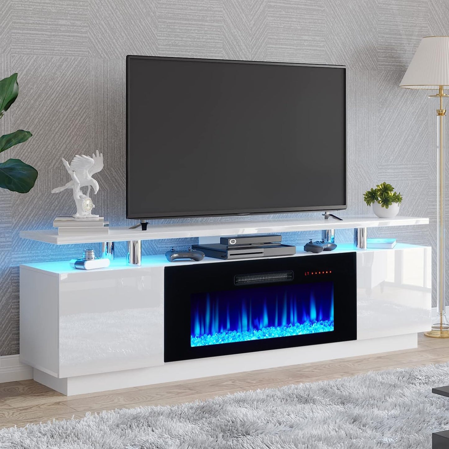 Modern Ivory White TV Stand with 36 Fireplace & LED Lights
